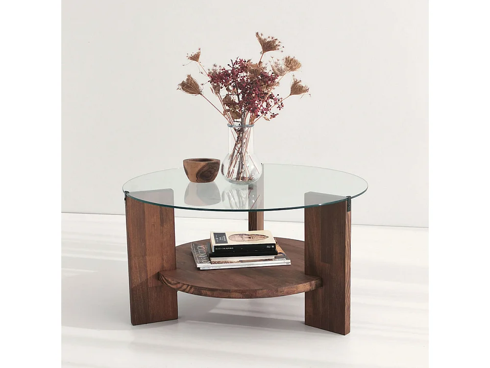 Mino - Table basse ronde en verre trempé et bois ø75cm - Bois foncé