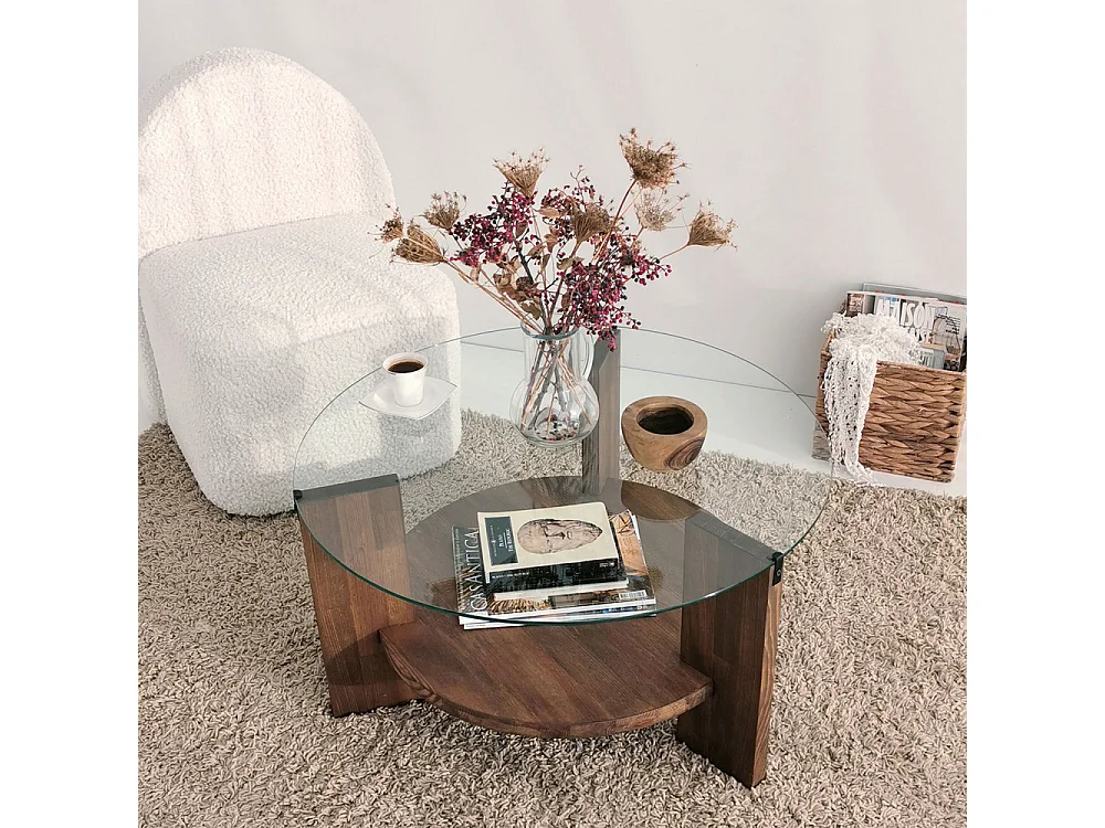Mino - Table basse ronde en verre trempé et bois ø75cm - Bois foncé