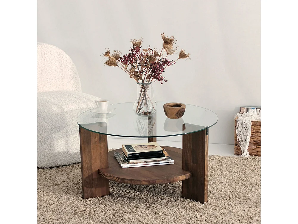 Mino - Table basse ronde en verre trempé et bois ø75cm - Bois foncé