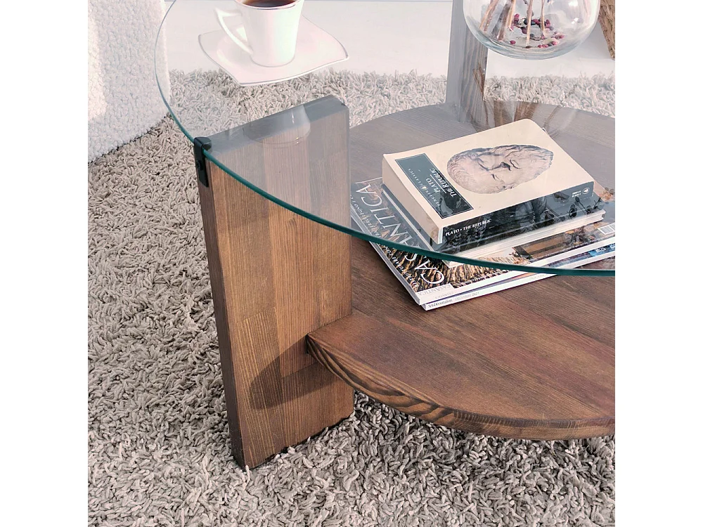 Mino - Table basse ronde en verre trempé et bois ø75cm - Bois foncé
