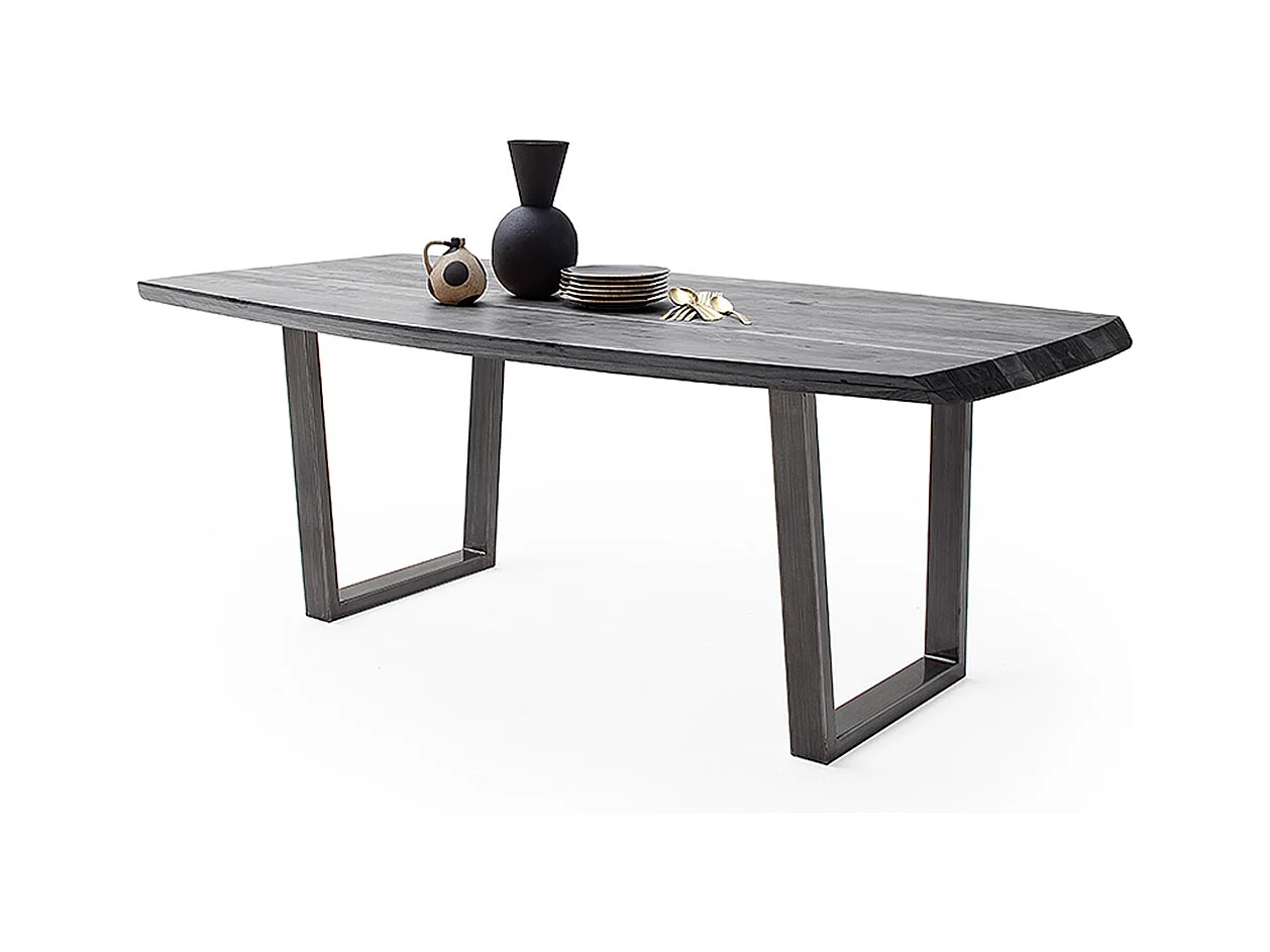 Table de salle à manger rectangulaire en bois d'acacia coloris gris, pieds en métal anthracite antique - longueur 180 x hauteur 77 x profondeur 100 cm