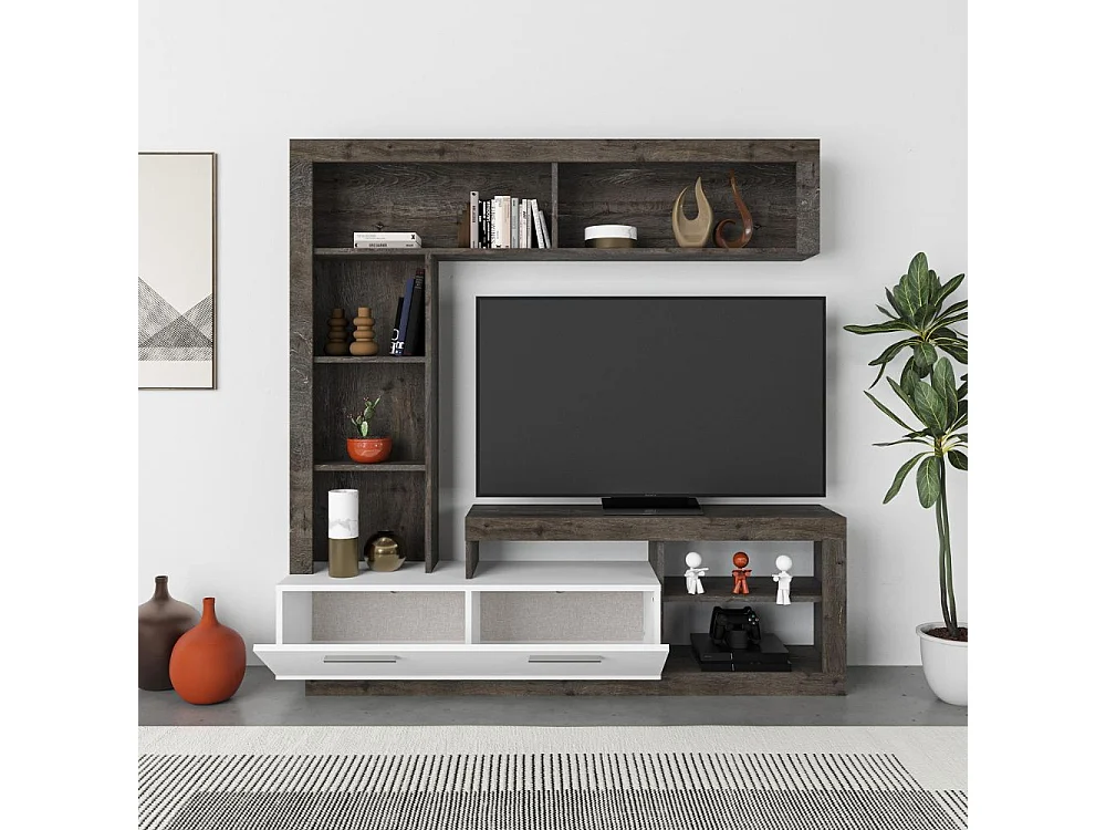 Parete attrezzata Leo 171x42x171 colore dark coffe bianco