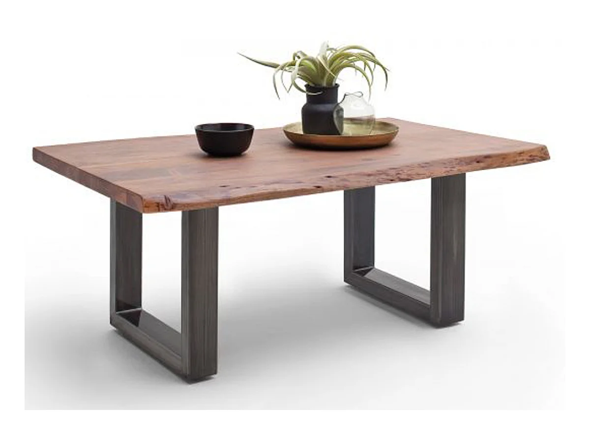 Table basse en bois d'acacia massif noyer et acier antique - L.110 x H.45 x P.70 cm