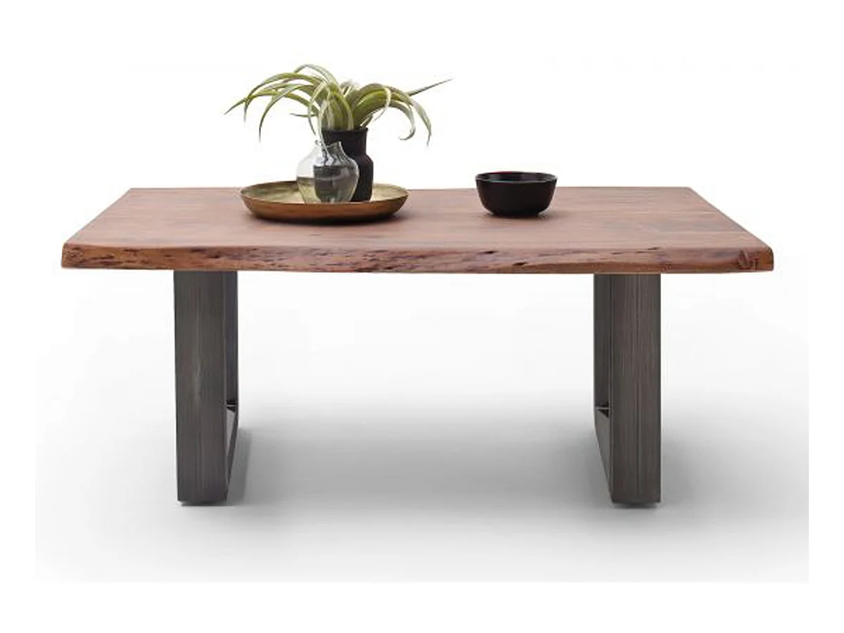 Table basse en bois d'acacia massif noyer et acier antique - L.110 x H.45 x P.70 cm