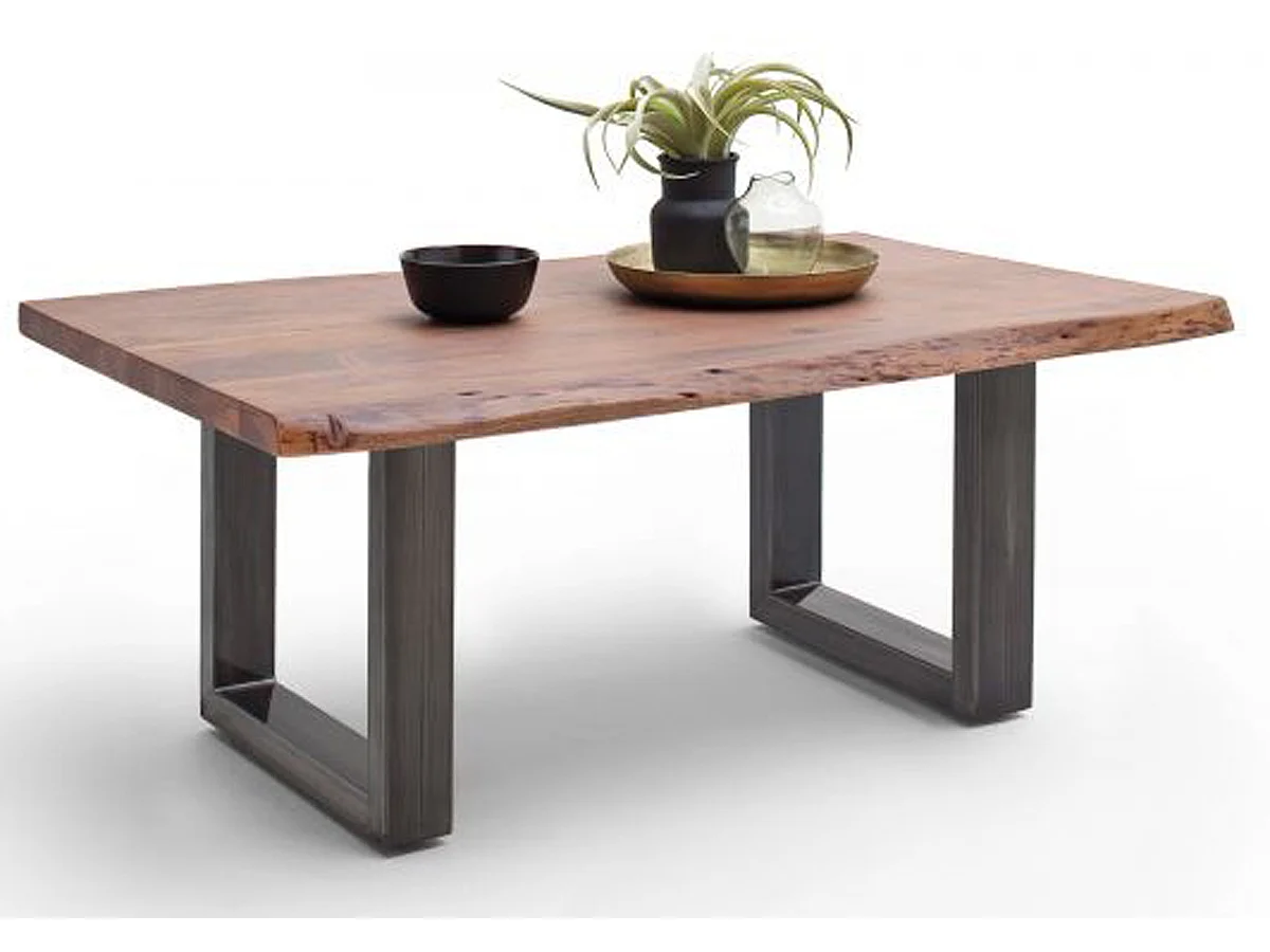 Table basse en bois d'acacia massif noyer et acier antique - L.110 x H.45 x P.70 cm