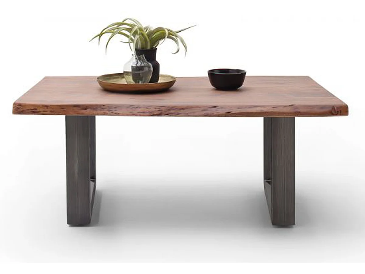 Table basse en bois d'acacia massif noyer et acier antique - L.110 x H.45 x P.70 cm