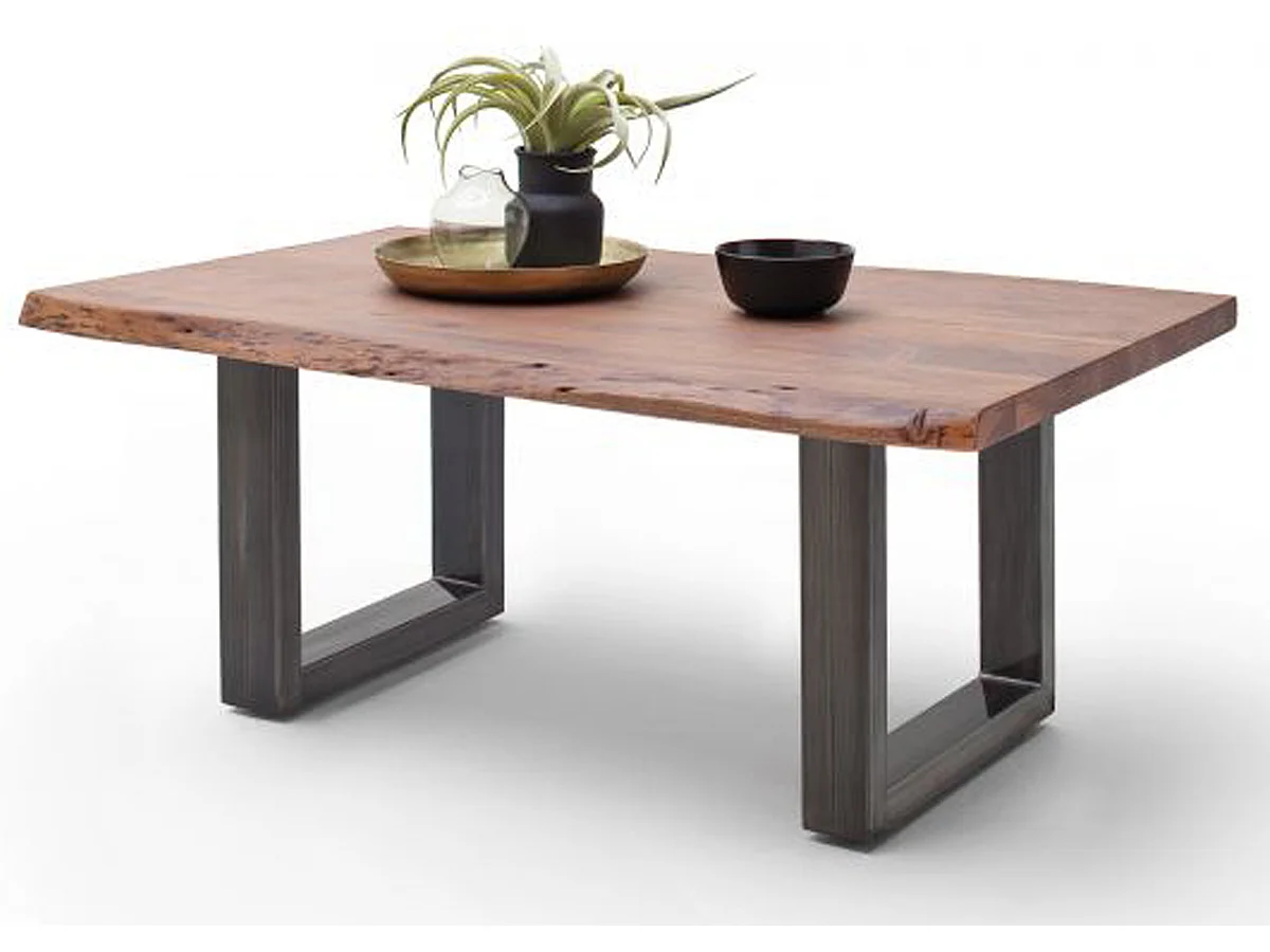 Table basse en bois d'acacia massif noyer et acier antique - L.110 x H.45 x P.70 cm