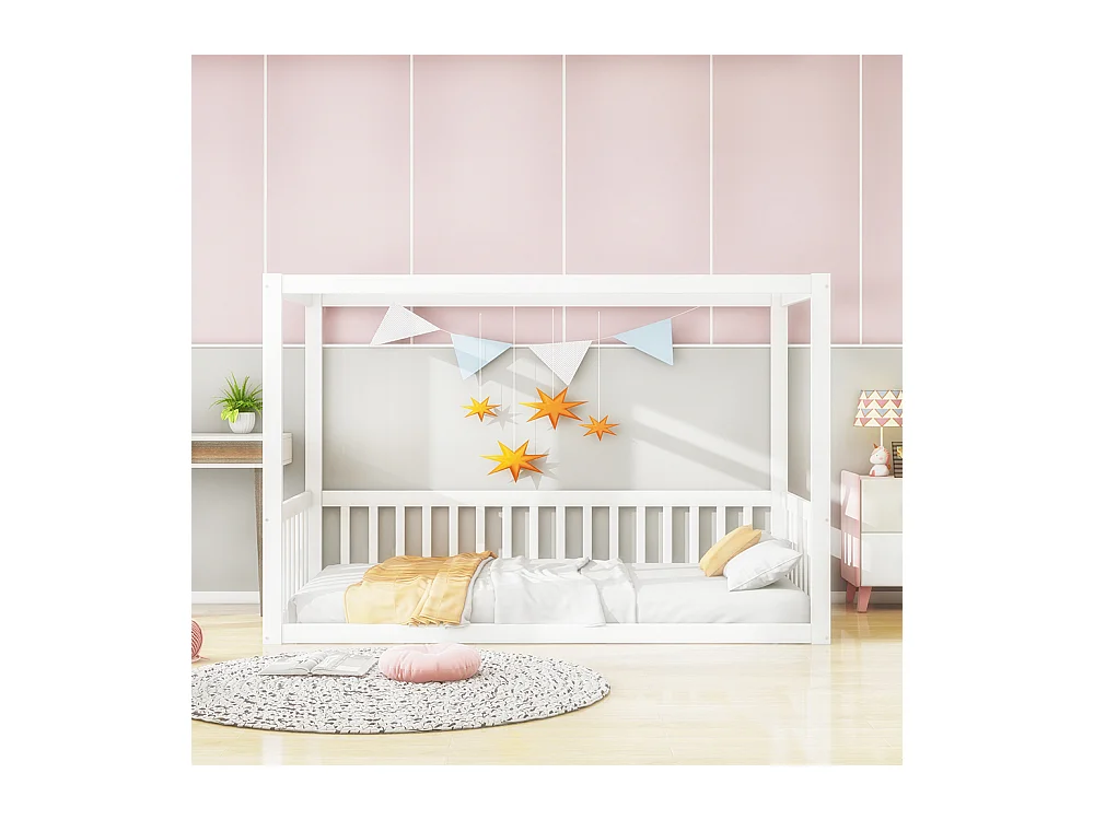 Lit simple 90x200 lit à baldaquin en bois massif cadre robuste style enfant couleur blanc