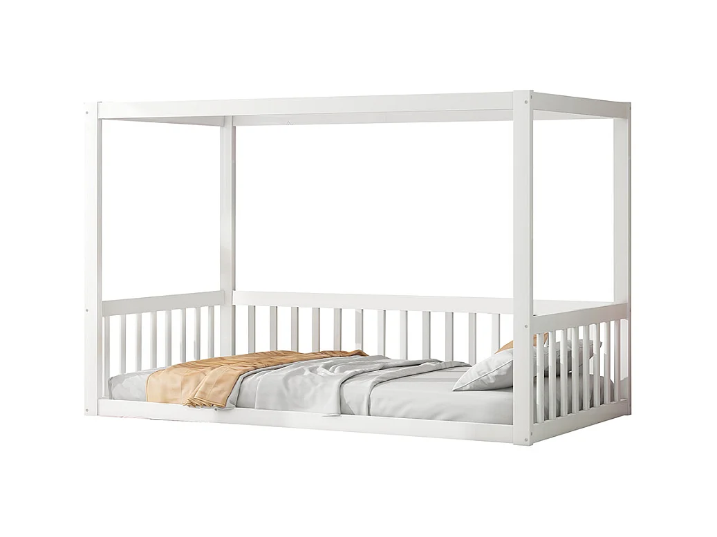 Lit simple 90x200 lit à baldaquin en bois massif cadre robuste style enfant couleur blanc