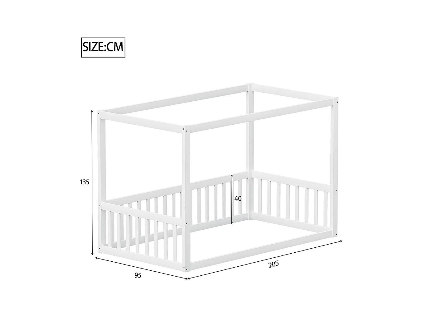 Lit simple 90x200 lit à baldaquin en bois massif cadre robuste style enfant couleur blanc