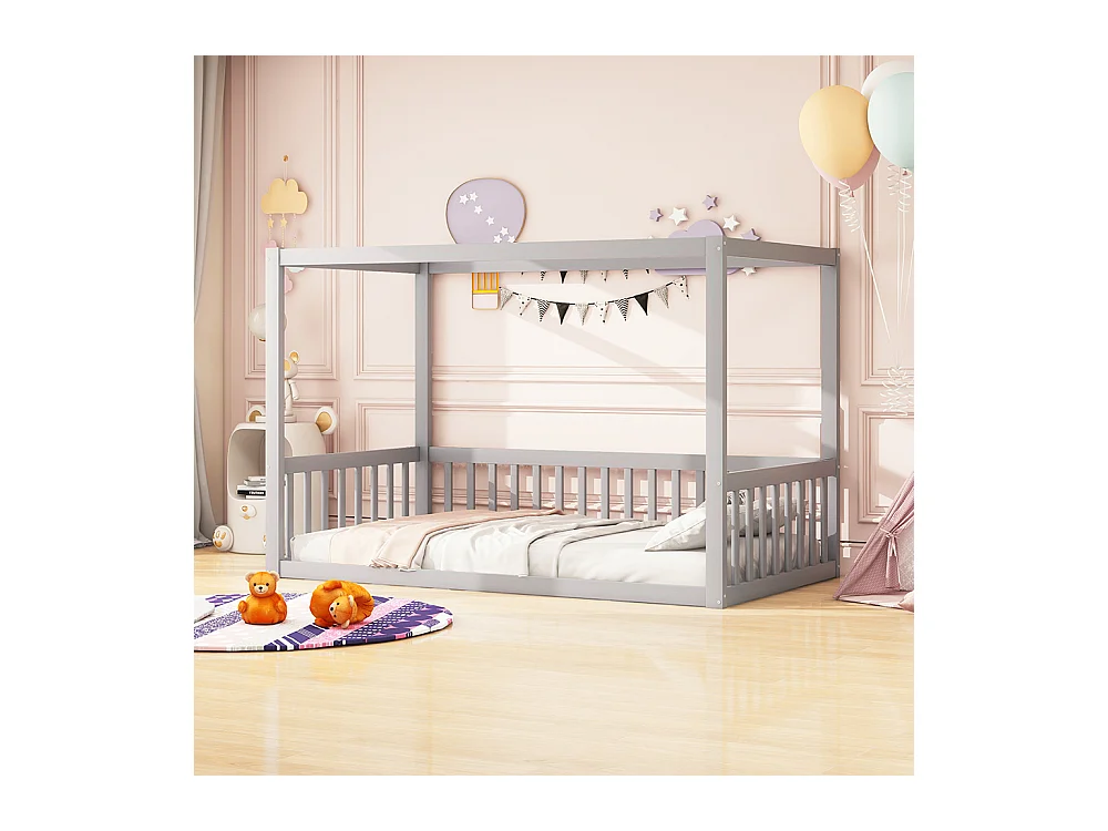 Lit simple 90x200 lit à baldaquin en bois massif cadre robuste style enfant couleur gris