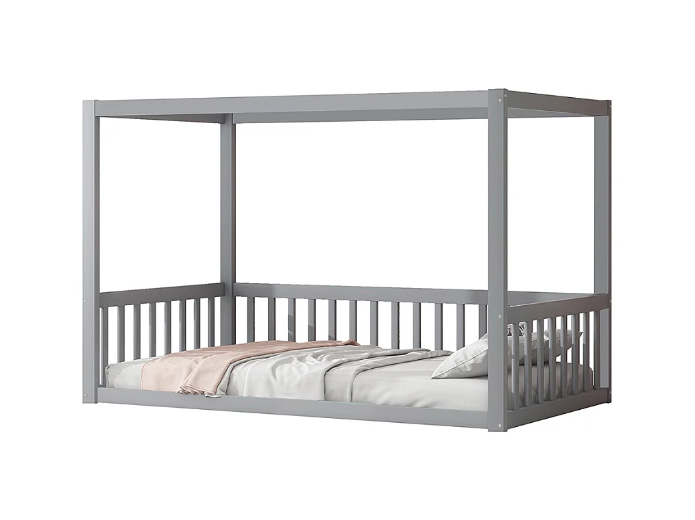 Lit simple 90x200 lit à baldaquin en bois massif cadre robuste style enfant couleur gris