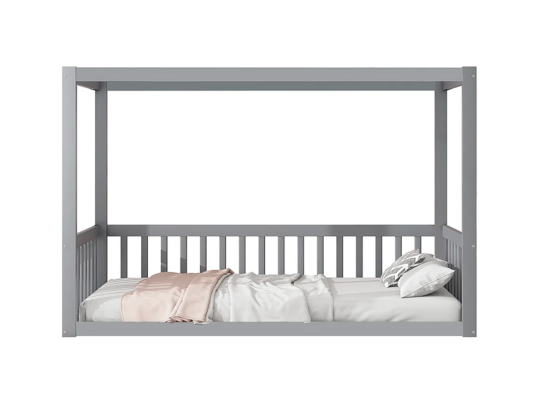 Lit simple 90x200 lit à baldaquin en bois massif cadre robuste style enfant couleur gris