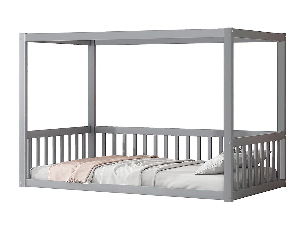 Lit simple 90x200 lit à baldaquin en bois massif cadre robuste style enfant couleur gris