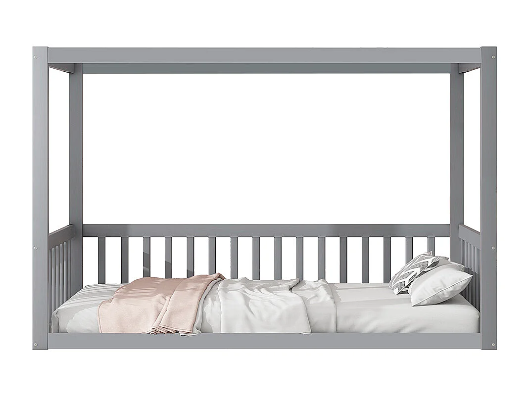 Lit simple 90x200 lit à baldaquin en bois massif cadre robuste style enfant couleur gris