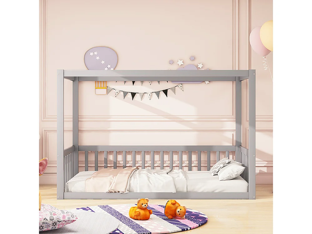 Lit simple 90x200 lit à baldaquin en bois massif cadre robuste style enfant couleur gris