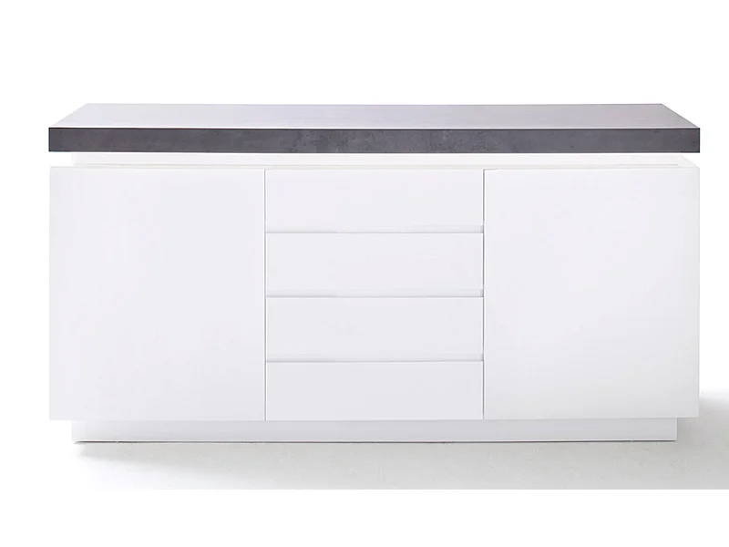 Buffet, meuble de rangement en bois coloris blanc mat, gris béton - Longueur 150 x Hauteur 80 x Profondeur 40 cm