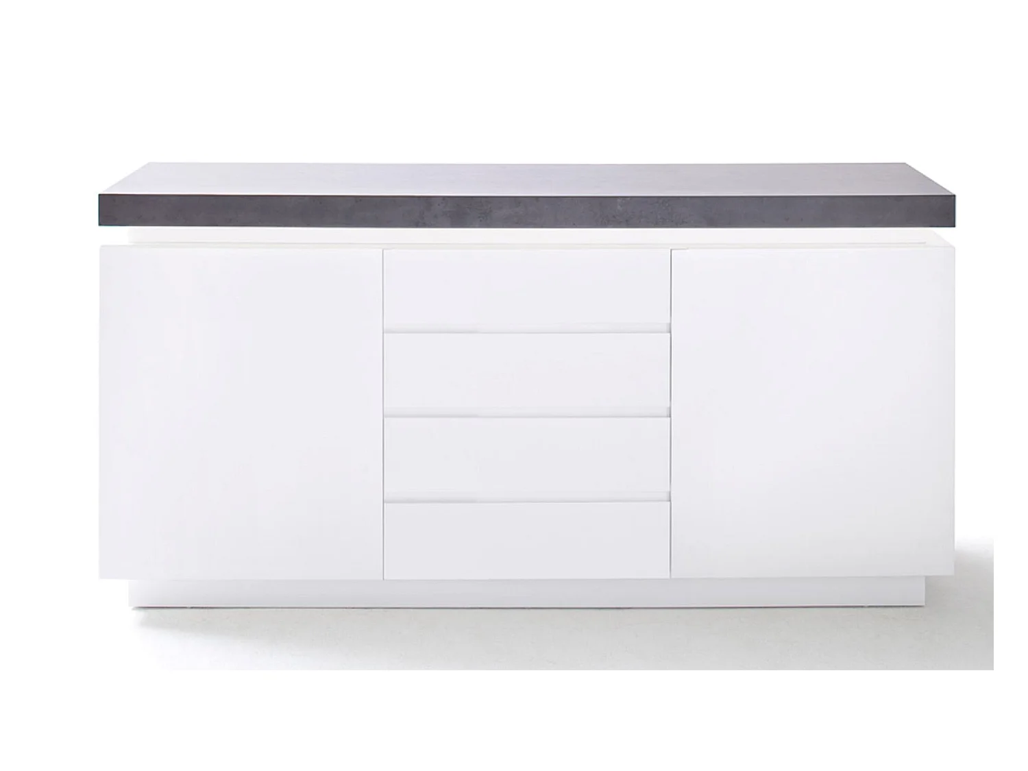 Buffet, meuble de rangement en bois coloris blanc mat, gris béton - Longueur 150 x Hauteur 80 x Profondeur 40 cm