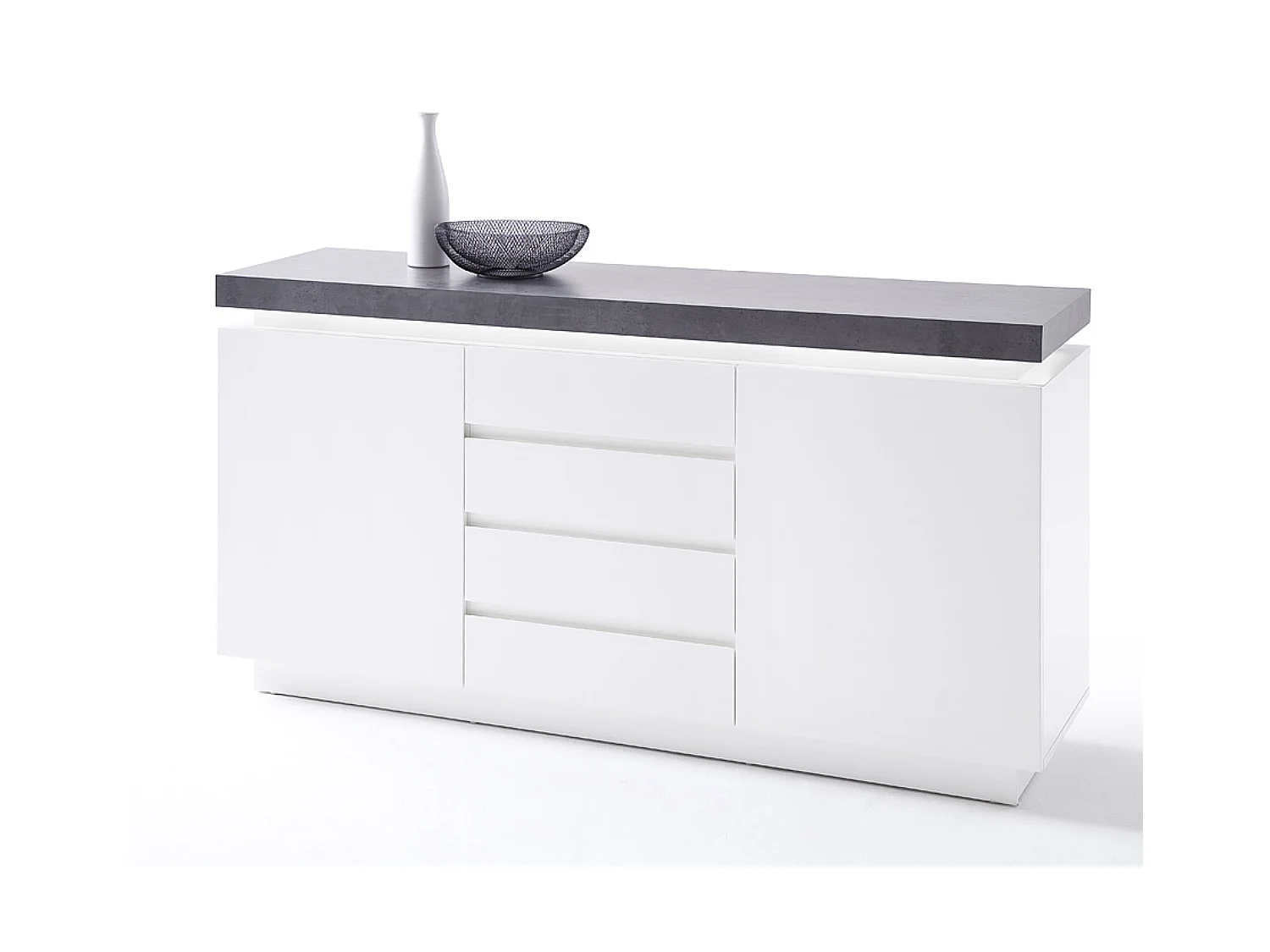 Buffet, meuble de rangement en bois coloris blanc mat, gris béton - Longueur 150 x Hauteur 80 x Profondeur 40 cm