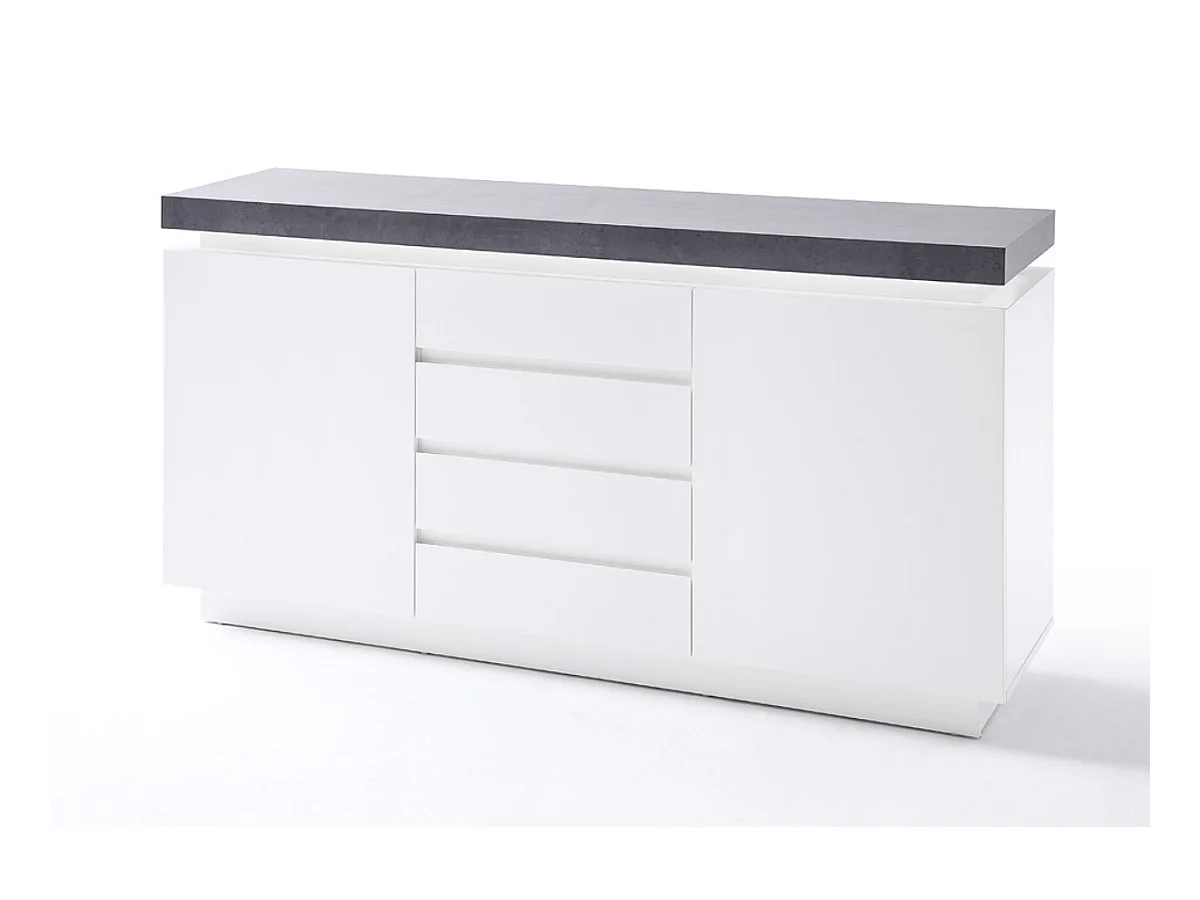 Buffet, meuble de rangement en bois coloris blanc mat, gris béton - Longueur 150 x Hauteur 80 x Profondeur 40 cm