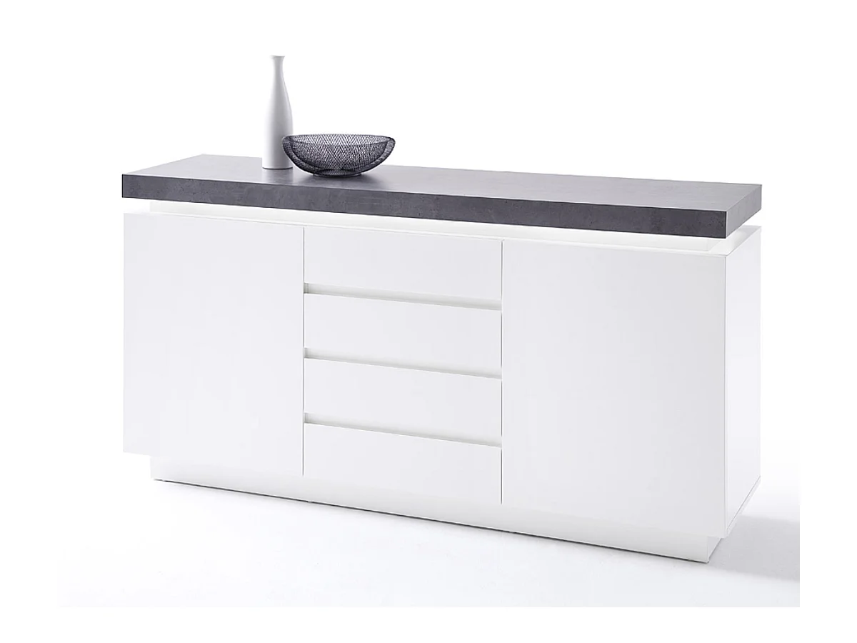 Buffet, meuble de rangement en bois coloris blanc mat, gris béton - Longueur 150 x Hauteur 80 x Profondeur 40 cm
