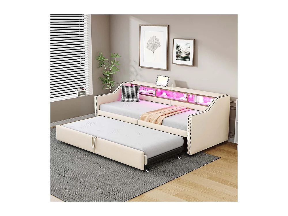 Lit gigogne rembourré convertible 90/180x200 cm compartiment de rangement multifonctionnel éclairage LED et prise USB couleur beige