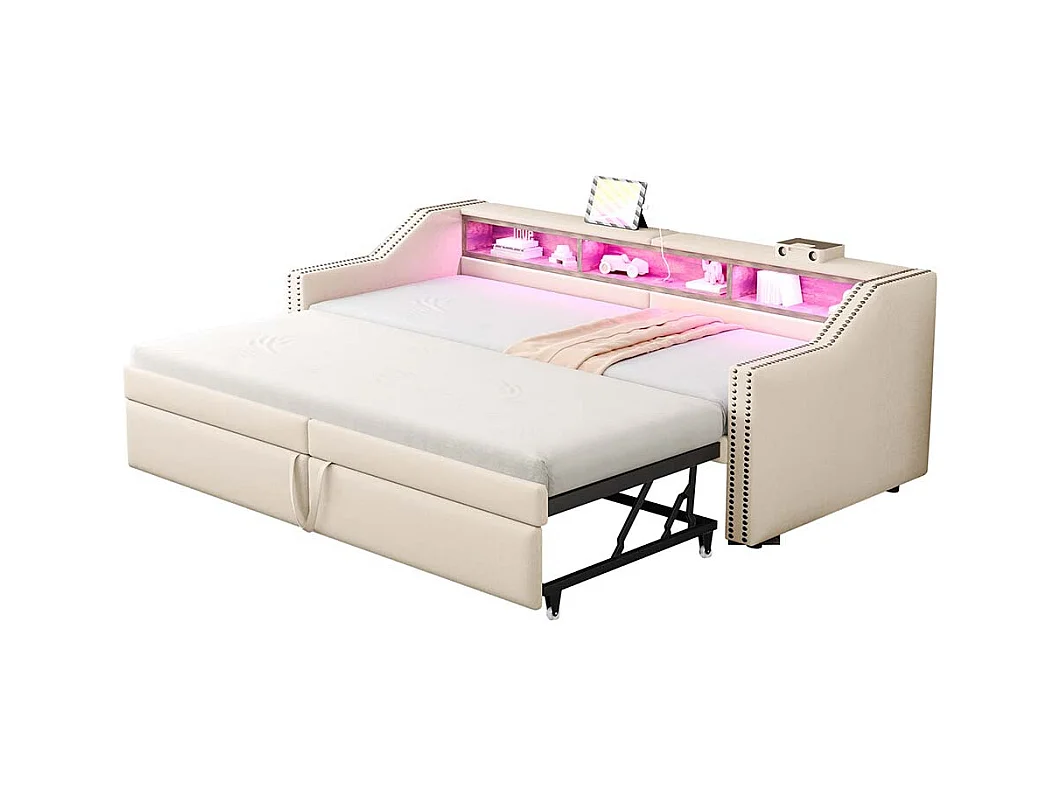 Lit gigogne rembourré convertible 90/180x200 cm compartiment de rangement multifonctionnel éclairage LED et prise USB couleur beige