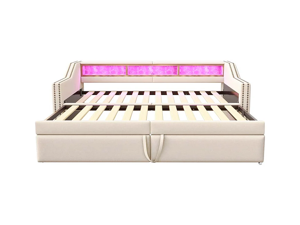 Lit gigogne rembourré convertible 90/180x200 cm compartiment de rangement multifonctionnel éclairage LED et prise USB couleur beige