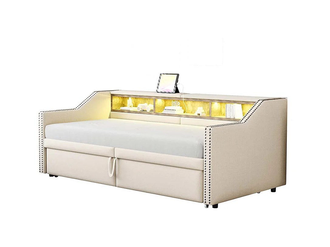 Lit gigogne rembourré convertible 90/180x200 cm compartiment de rangement multifonctionnel éclairage LED et prise USB couleur beige