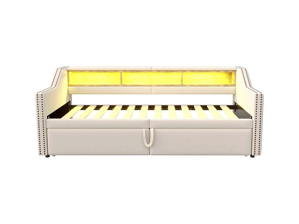 Lit gigogne rembourré convertible 90/180x200 cm compartiment de rangement multifonctionnel éclairage LED et prise USB couleur beige