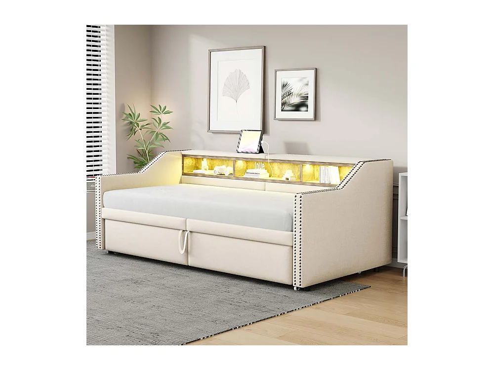 Lit gigogne rembourré convertible 90/180x200 cm compartiment de rangement multifonctionnel éclairage LED et prise USB couleur beige