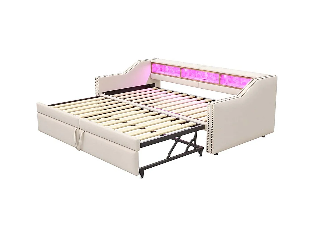 Lit gigogne rembourré convertible 90/180x200 cm compartiment de rangement multifonctionnel éclairage LED et prise USB couleur beige