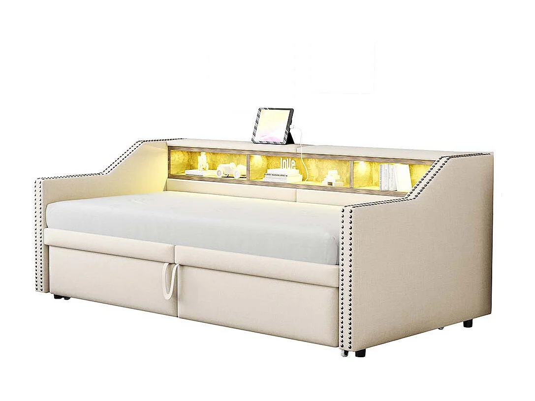 Lit gigogne rembourré convertible 90/180x200 cm compartiment de rangement multifonctionnel éclairage LED et prise USB couleur beige