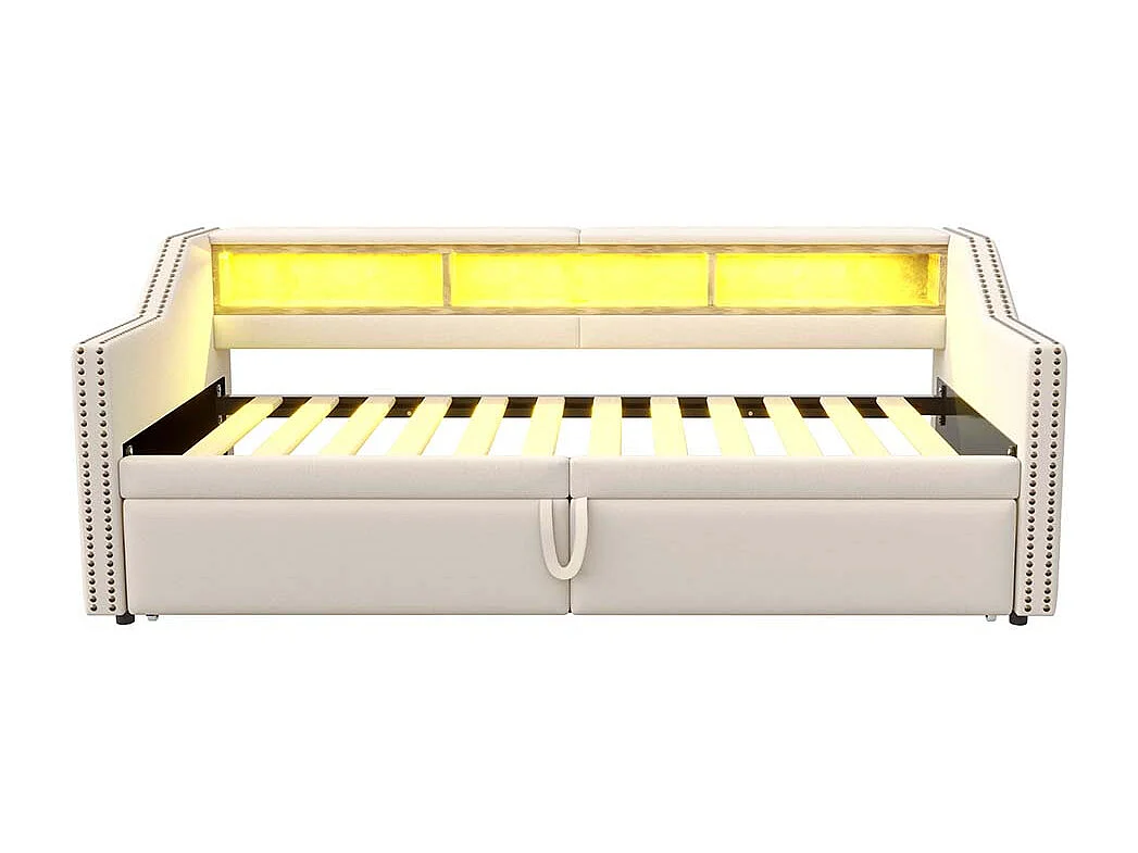 Lit gigogne rembourré convertible 90/180x200 cm compartiment de rangement multifonctionnel éclairage LED et prise USB couleur beige