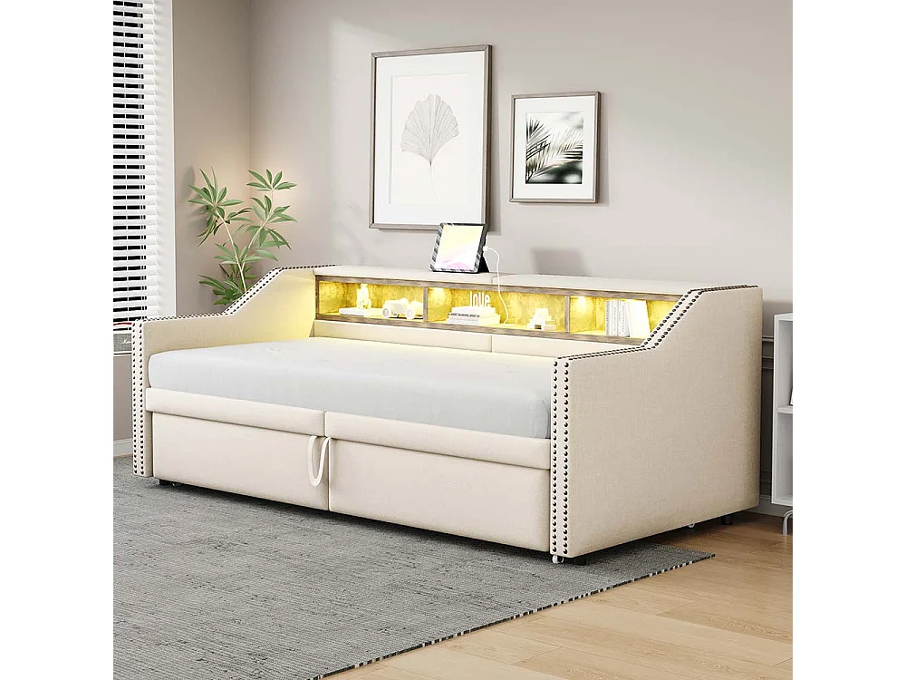 Lit gigogne rembourré convertible 90/180x200 cm compartiment de rangement multifonctionnel éclairage LED et prise USB couleur beige