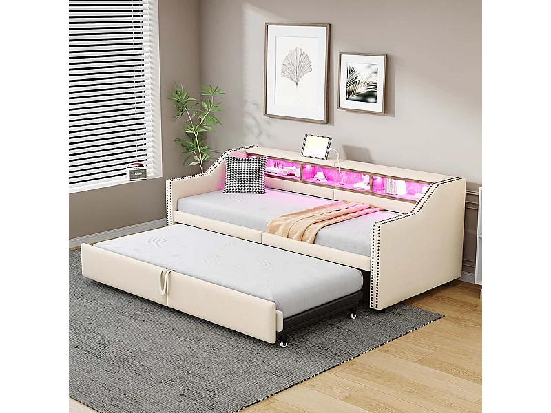 Lit gigogne rembourré convertible 90/180x200 cm compartiment de rangement multifonctionnel éclairage LED et prise USB couleur beige
