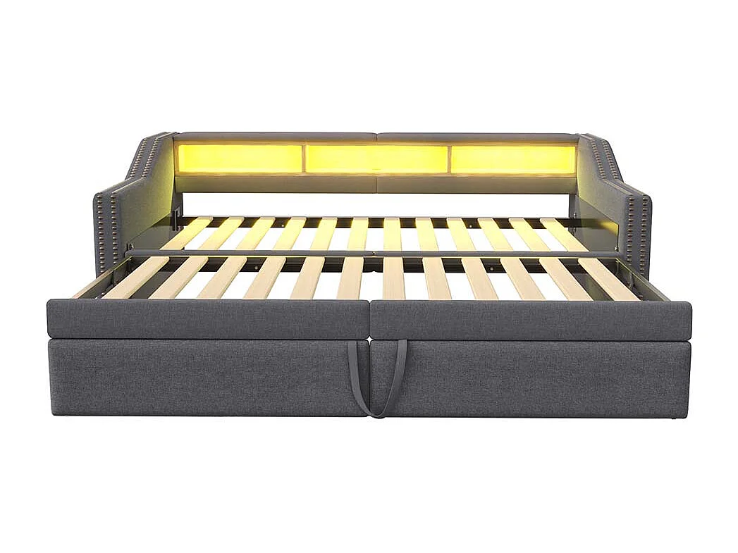 Lit gigogne rembourré convertible 90/180x200 cm compartiment de rangement multifonctionnel éclairage LED et prise USB couleur gris foncé