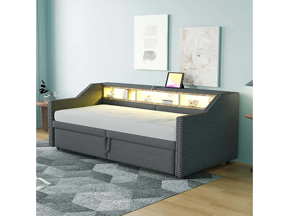Lit gigogne rembourré convertible 90/180x200 cm compartiment de rangement multifonctionnel éclairage LED et prise USB couleur gris foncé