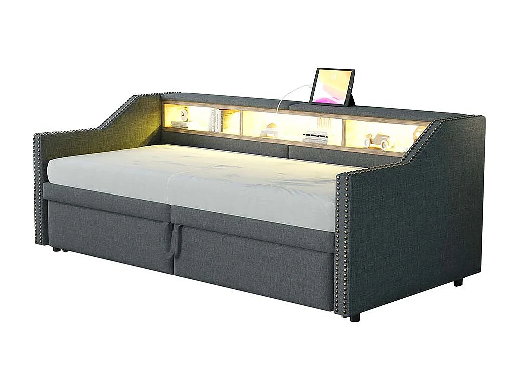 Lit gigogne rembourré convertible 90/180x200 cm compartiment de rangement multifonctionnel éclairage LED et prise USB couleur gris foncé