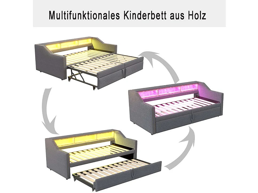 Lit gigogne rembourré convertible 90/180x200 cm compartiment de rangement multifonctionnel éclairage LED et prise USB couleur gris foncé