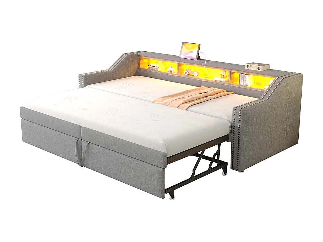 Lit gigogne rembourré convertible 90/180x200 cm compartiment de rangement multifonctionnel éclairage LED et prise USB couleur gris clair