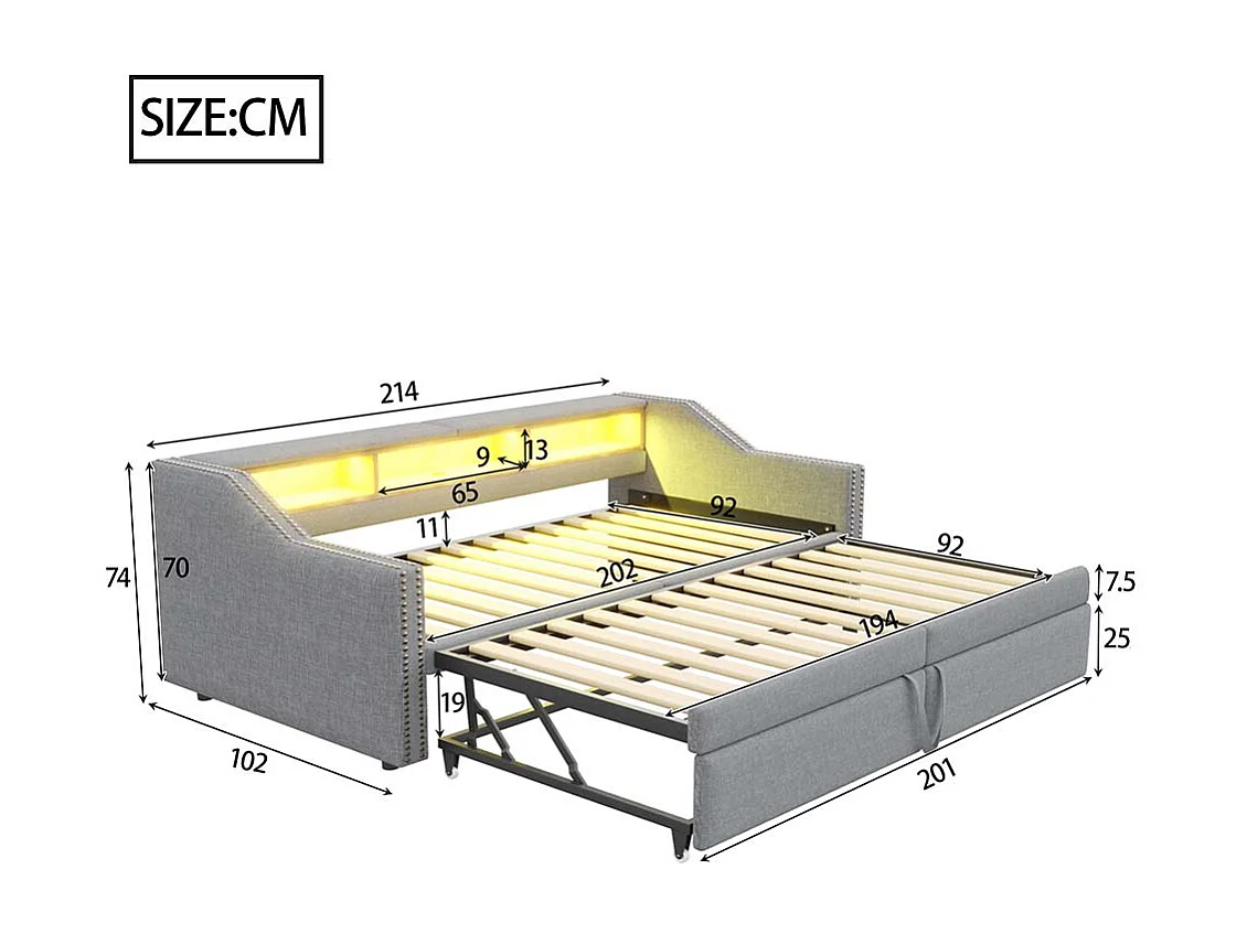Lit gigogne rembourré convertible 90/180x200 cm compartiment de rangement multifonctionnel éclairage LED et prise USB couleur gris clair