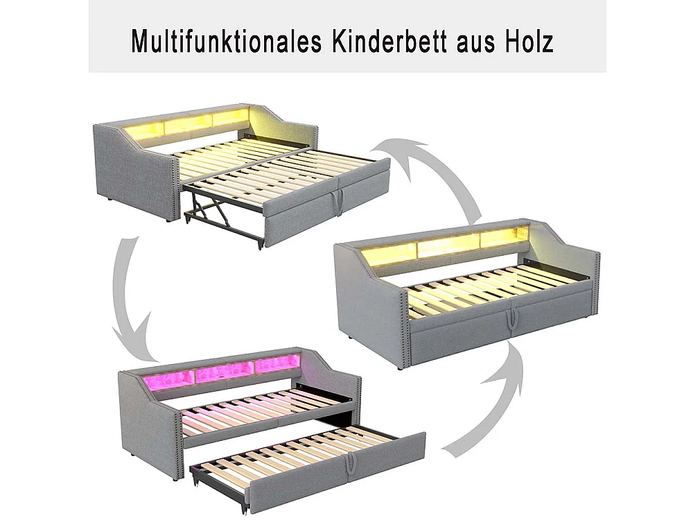 Lit gigogne rembourré convertible 90/180x200 cm compartiment de rangement multifonctionnel éclairage LED et prise USB couleur gris clair