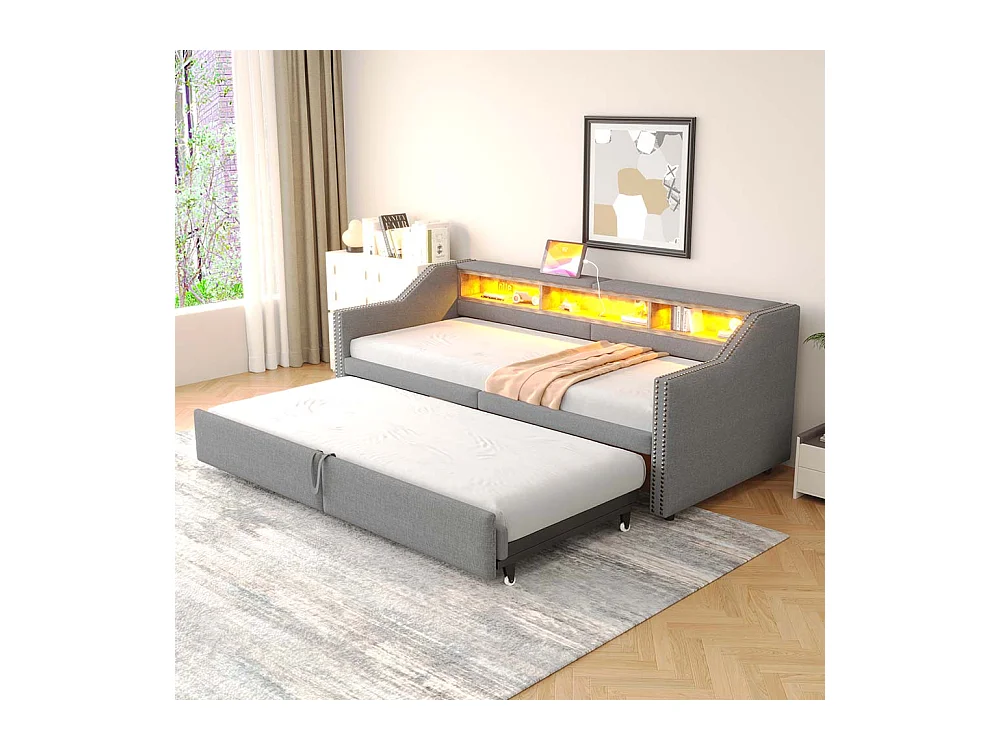 Lit gigogne rembourré convertible 90/180x200 cm compartiment de rangement multifonctionnel éclairage LED et prise USB couleur gris clair