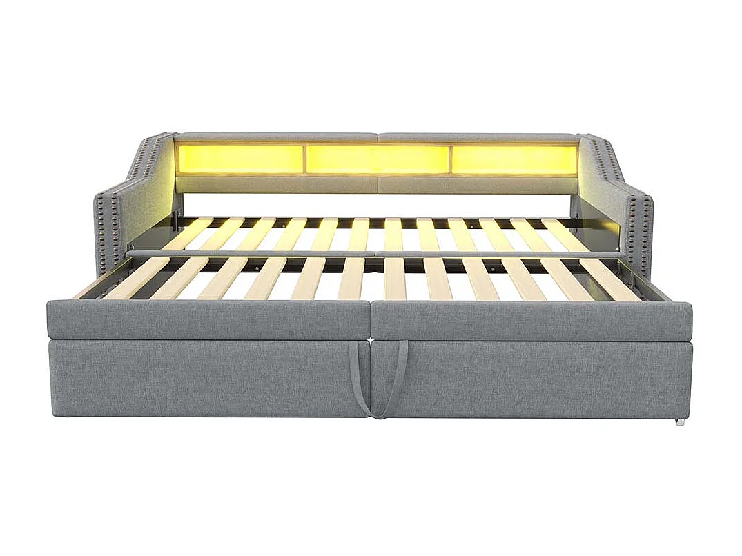 Lit gigogne rembourré convertible 90/180x200 cm compartiment de rangement multifonctionnel éclairage LED et prise USB couleur gris clair
