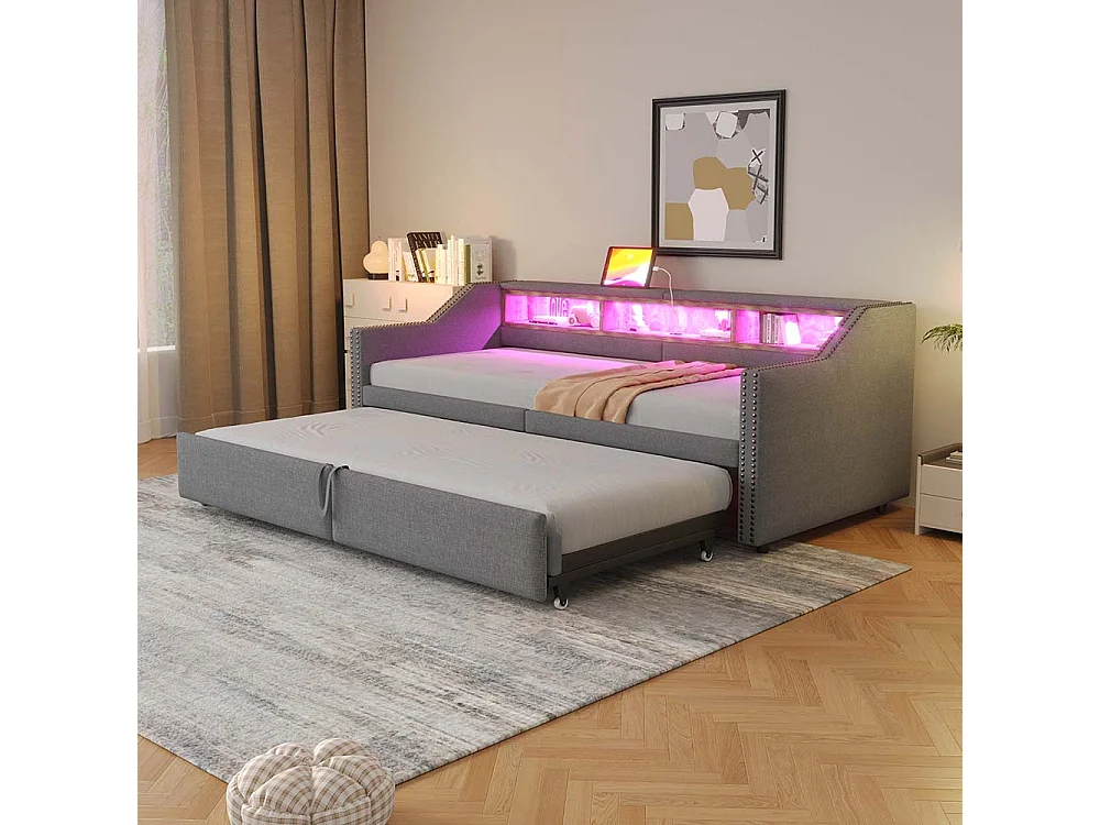 Lit gigogne rembourré convertible 90/180x200 cm compartiment de rangement multifonctionnel éclairage LED et prise USB couleur gris clair