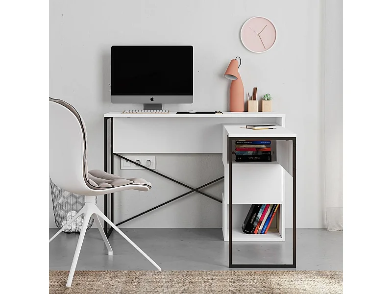 Scrivania salvaspazio espandibile Badau bianco con struttura in metallo nero – Funzionalità e Stile