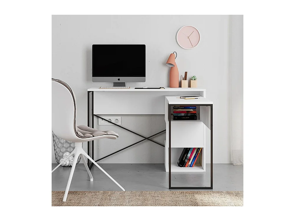 Scrivania salvaspazio espandibile Badau bianco con struttura in metallo nero – Funzionalità e Stile