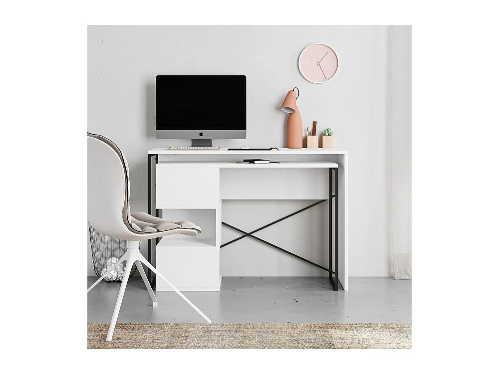 Scrivania salvaspazio espandibile Badau bianco con struttura in metallo nero – Funzionalità e Stile