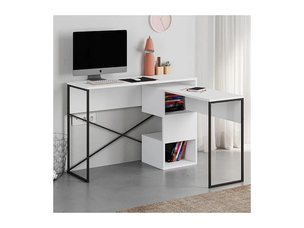 Scrivania salvaspazio espandibile Badau bianco con struttura in metallo nero – Funzionalità e Stile